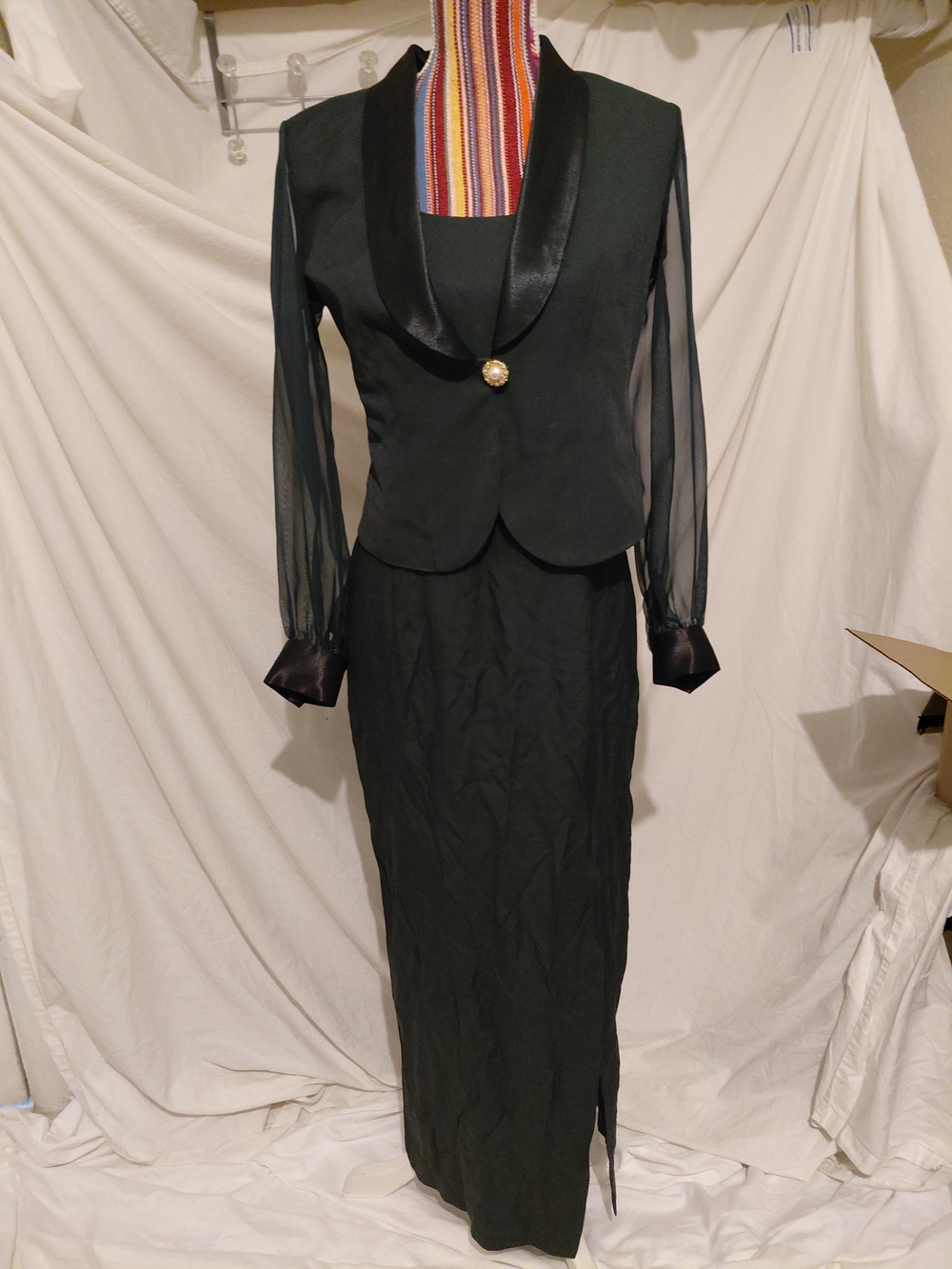 Women's Dark Green Satin-Trim Jacket & Skirt Set